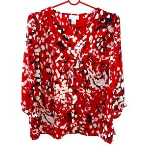 NWT Liz Claiborne Cabaret Red Cht Patterned V-Neck Blouse Women’s Size Medium